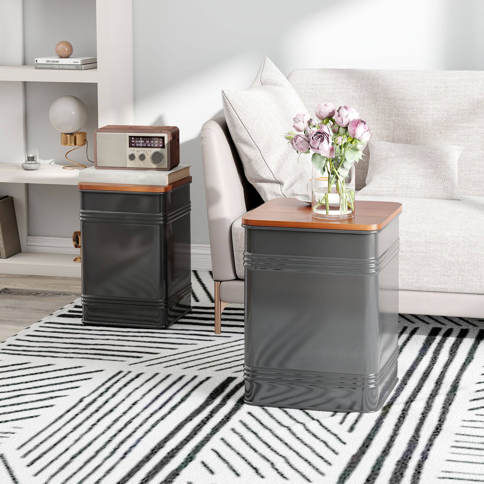 Alt View 8. Homcom - Ottoman with Storage Set of 2, Industrial Accent Side Table with Removable Wood Lid, Nesting Ottomam for Living Room - Black.
