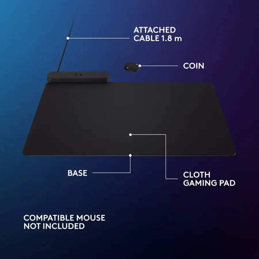 The image shows a gaming pad with a compatible mouse not included. The pad is attached to a 1.8 meter cable, and it has a base and cloth gaming pad.