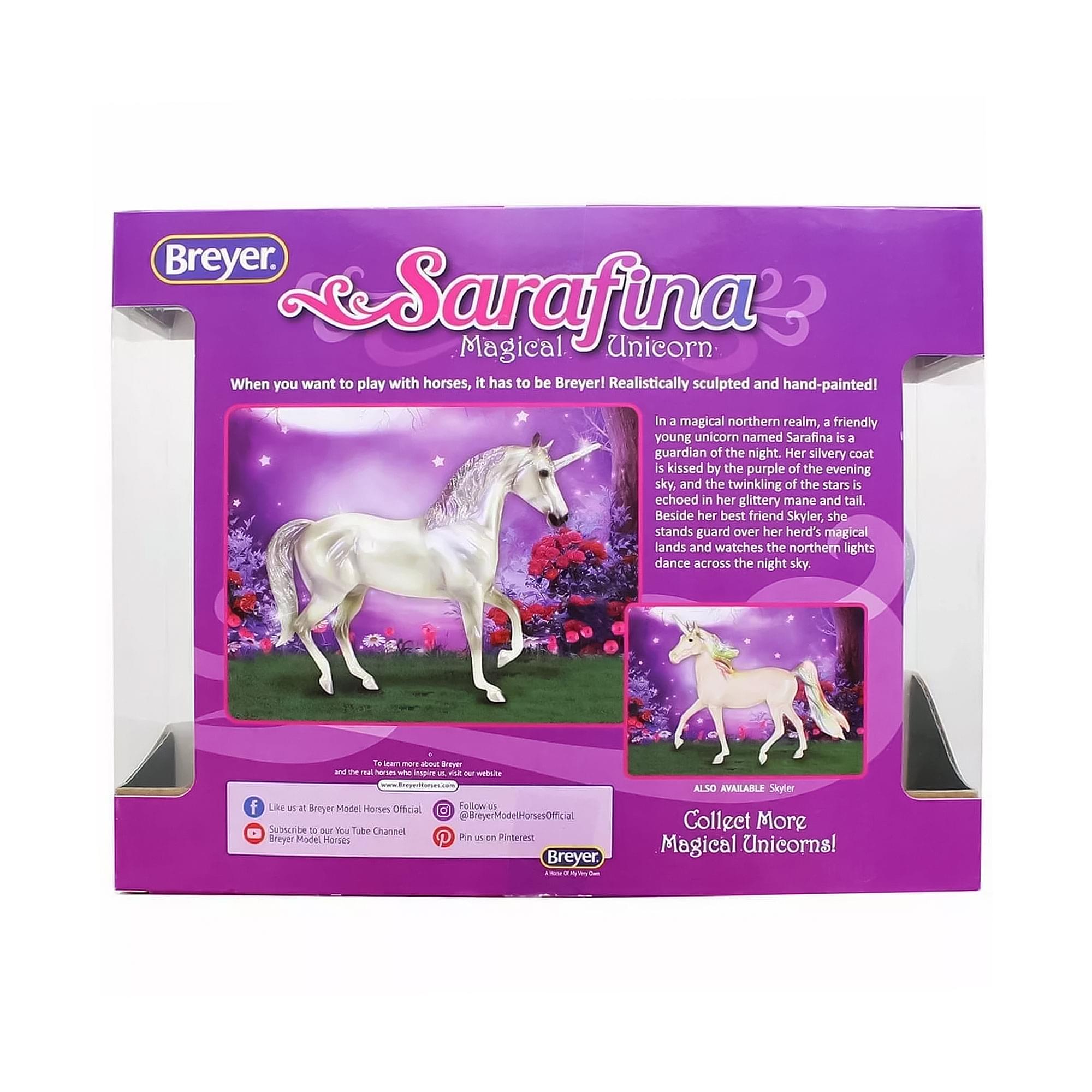 Breyer Sarafina Magical Unicorn

When you want to play with horses, it has to be Breyer! Realistically sculpted and hand-painted!

In a magical northern realm, a friendly young unicorn named Sarafina is a guardian of the night. Her silvery coat is kissed by the purple of the evening sky, and the twinkling of the stars is echoed in her glittery mane and tail. Beside her best friend Skyler, she stands guard over her herd's magical lands and watches the northern lights dance across the night sky.

10 MANI - Ereyer w t ma -oe at a v - a f Like v a Boryer Model Mirses Official Folicus 0s @BreyerModelHorsesOfficial Subscribe D pur You Tube Channel Brryer Model Harsel Pmn BF Pintmest Breyer ALSO AVALABLE Skryler Collect More Magical Unicorns!

ALSO AVAILABLE Skyler
Collect More Magical Unicorns!