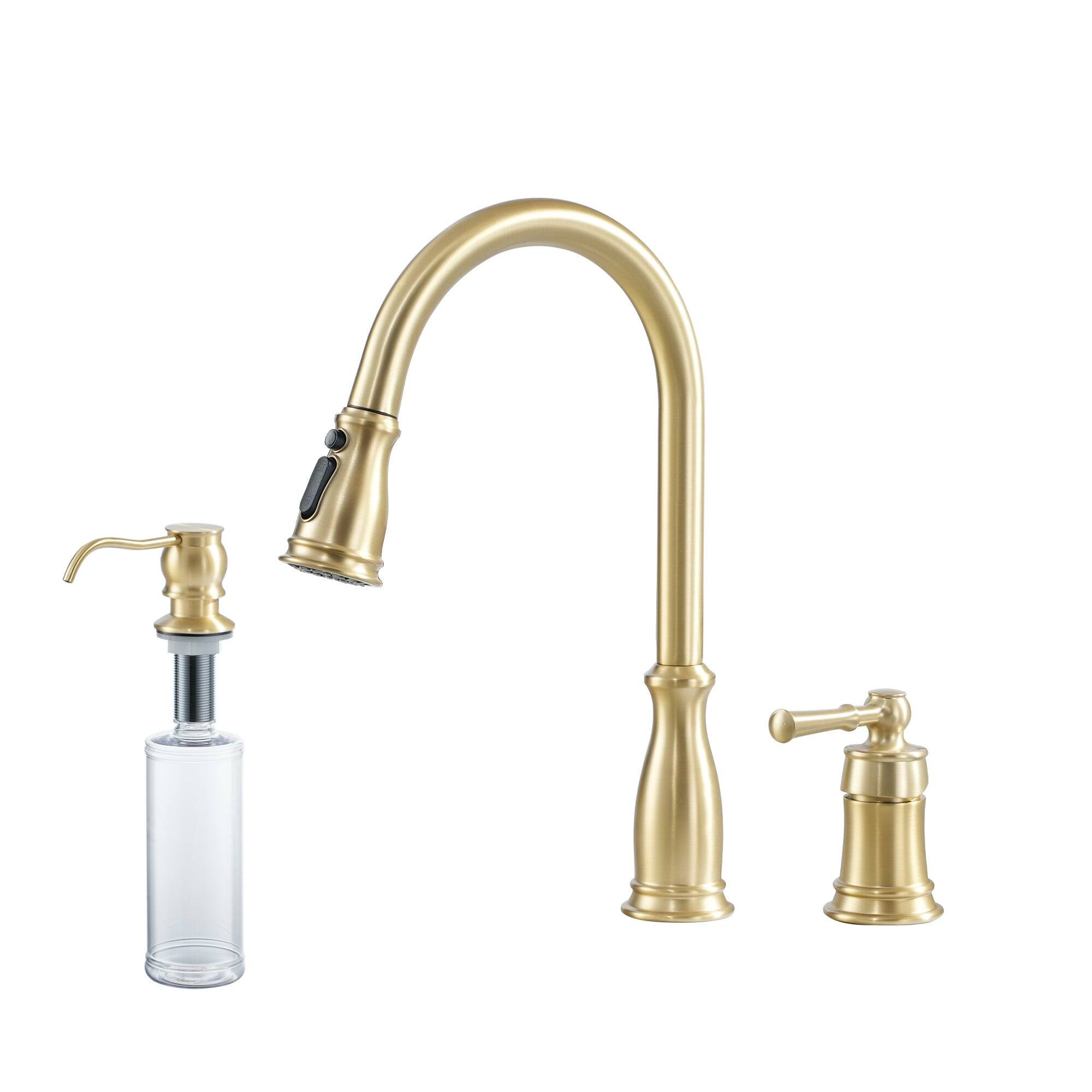 Front. Boyel Living - 3-Spray Patterns Single Handle 1.8 GPM Pull Down Sprayer Kitchen Faucet with Soap Dispenser in Brushed Gold - Brushed Gold.