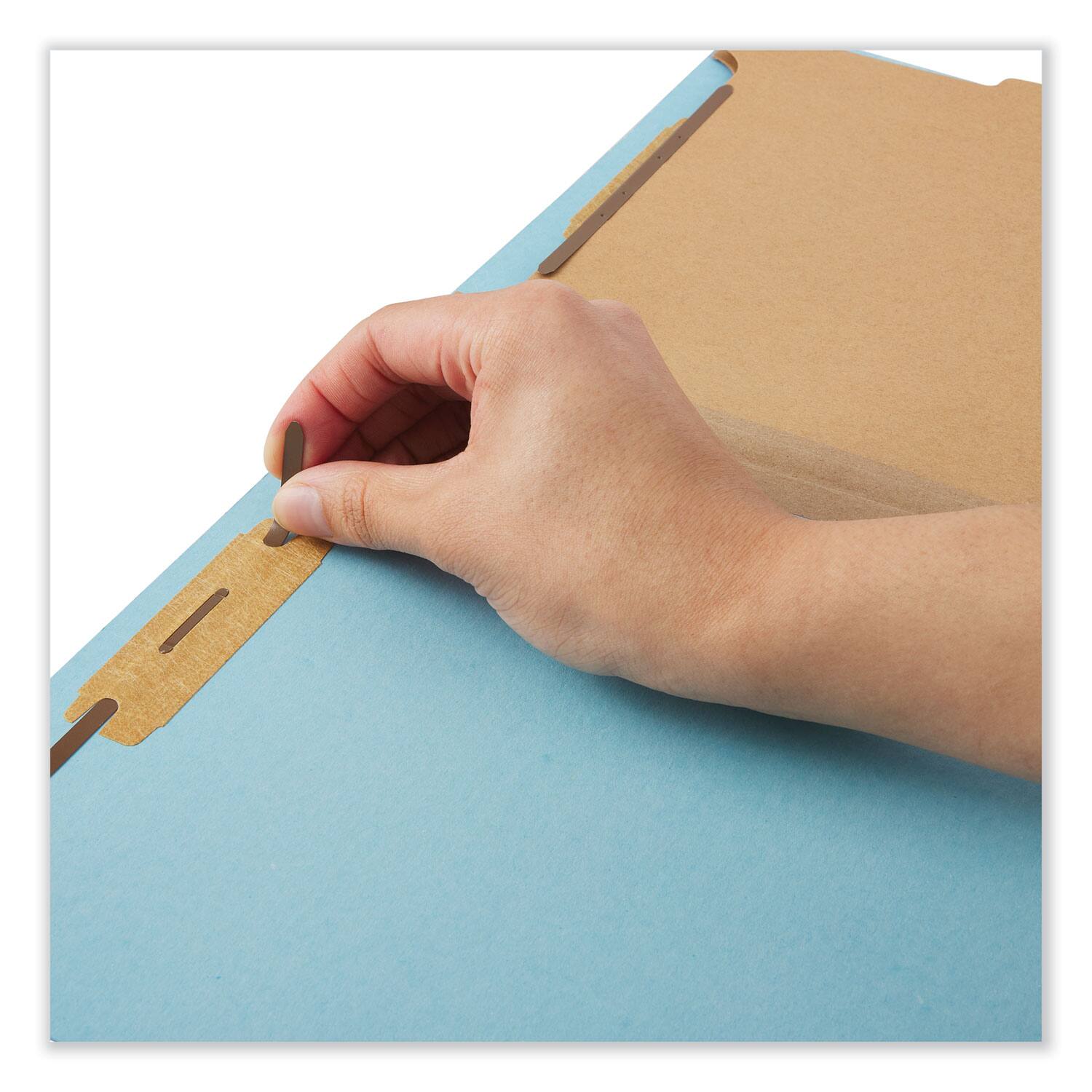 Left. Universal - Six Section Classification Folders  Heavy Duty Pressboard Cover  2 Dividers    Legal Size  Light Blue  20 per Box.