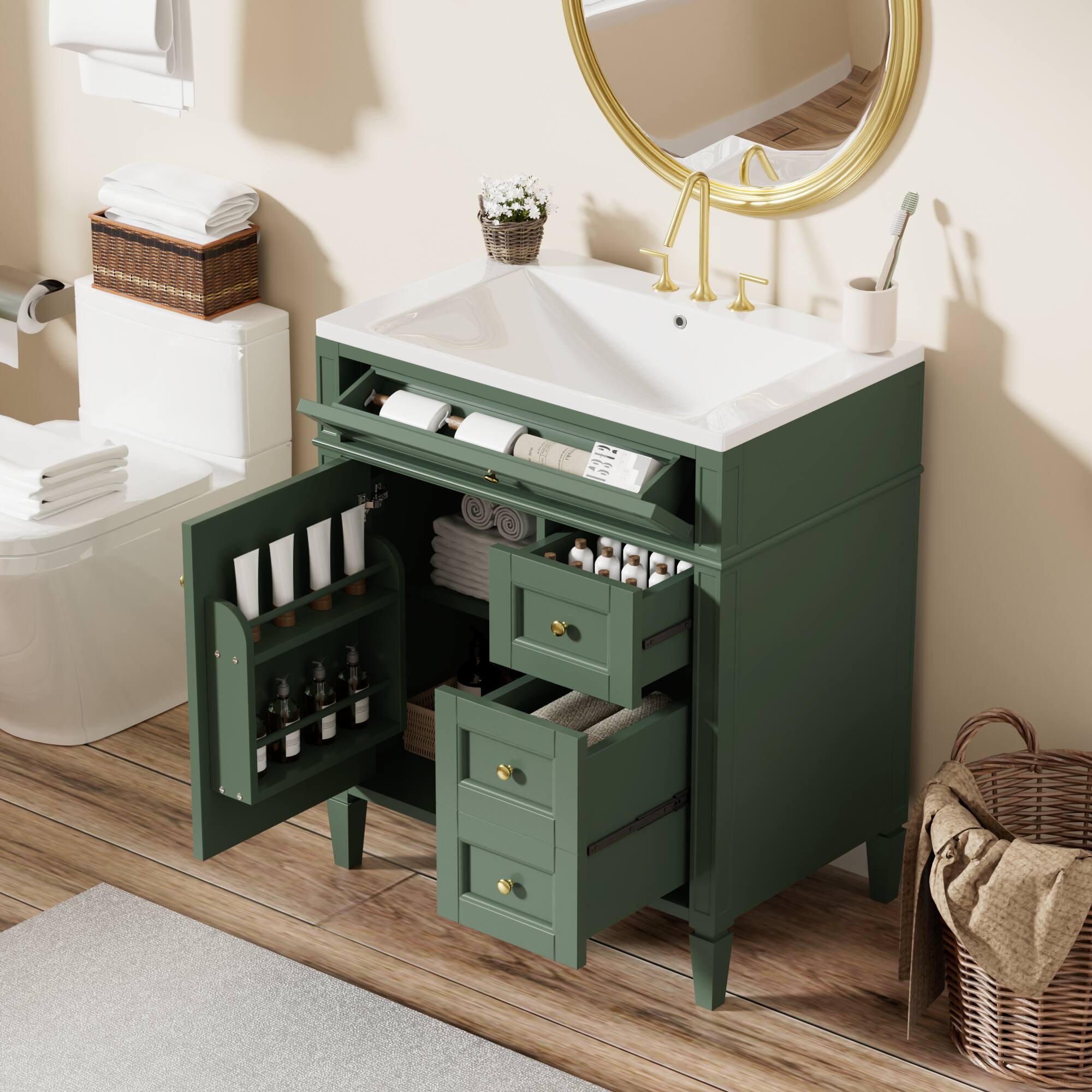 Alt View 5. Boyel Living - 30 Inch Bathroom Vanity with Resin Sink Top Two Drawers Tip Out Green - Green.