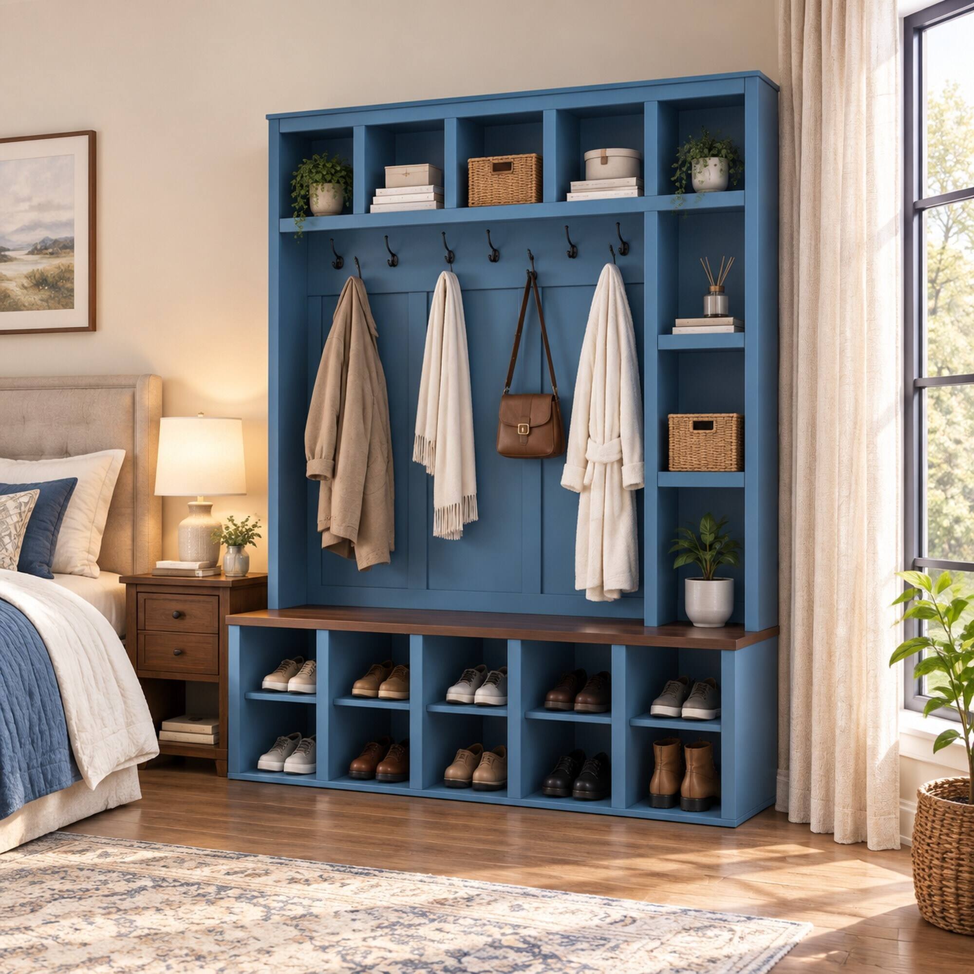 Left. RYHNUYNE - Farmhouse Hall Tree, 4-in-1 Entryway Shoe Bench, 6 Metal Hooks, 13 Cubbies, Blue and Walnut - Blue.