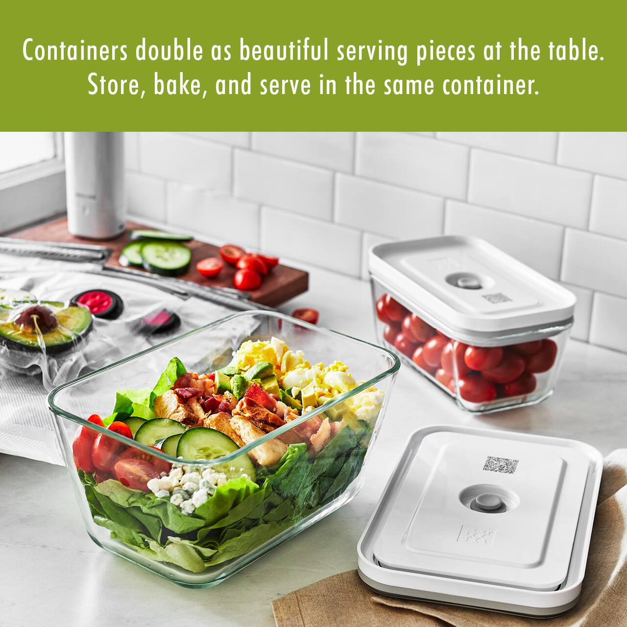 Containers double as beautiful serving pieces at the table.  
Store, bake, and serve in the same container.