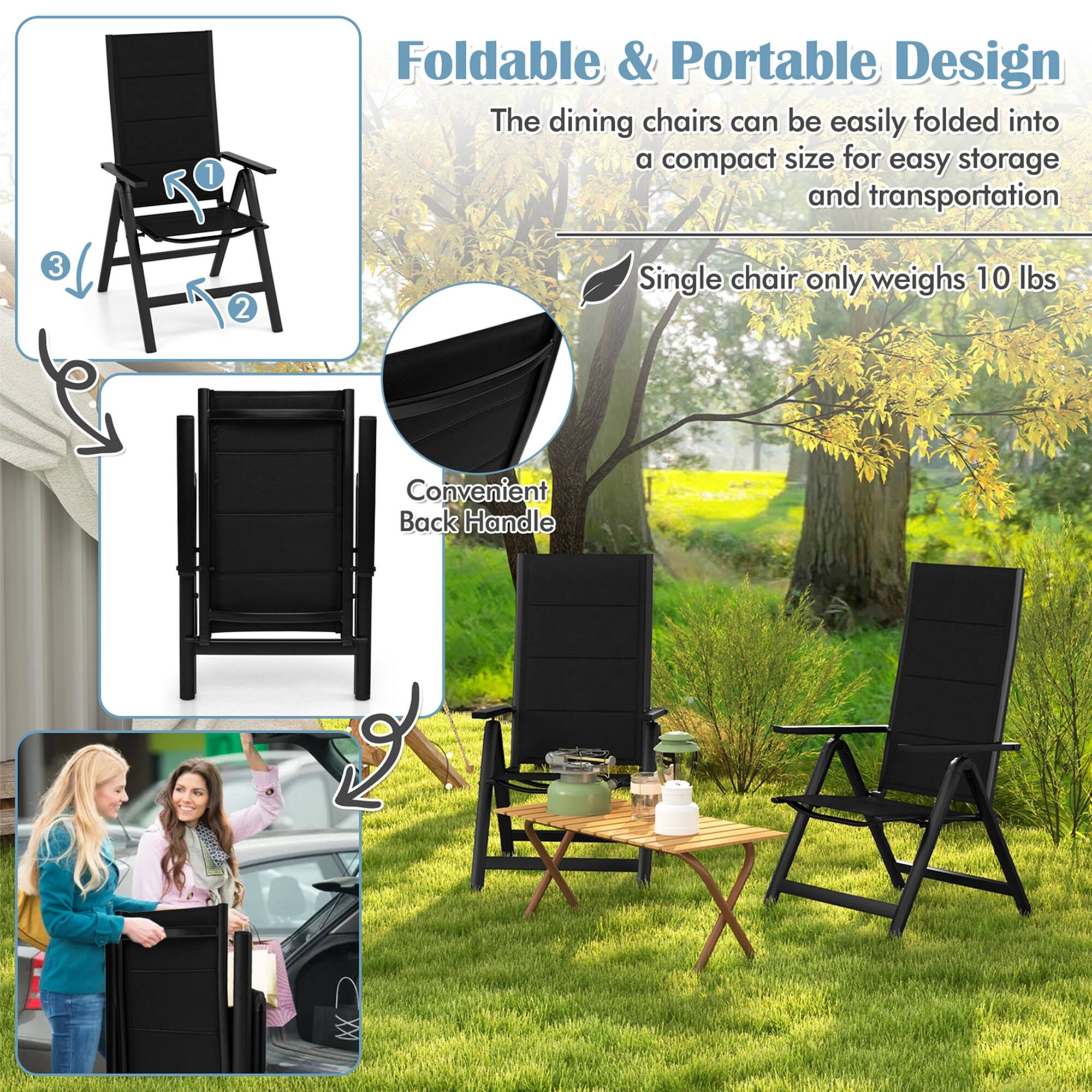 The image features a foldable and portable design for dining chairs. These chairs can be easily folded into a compact size for easy storage and transportation. Additionally, the chairs have a convenient back handle for added comfort and convenience. The image also shows a single chair weighing only 10 lbs, making it a lightweight and portable option for various settings.