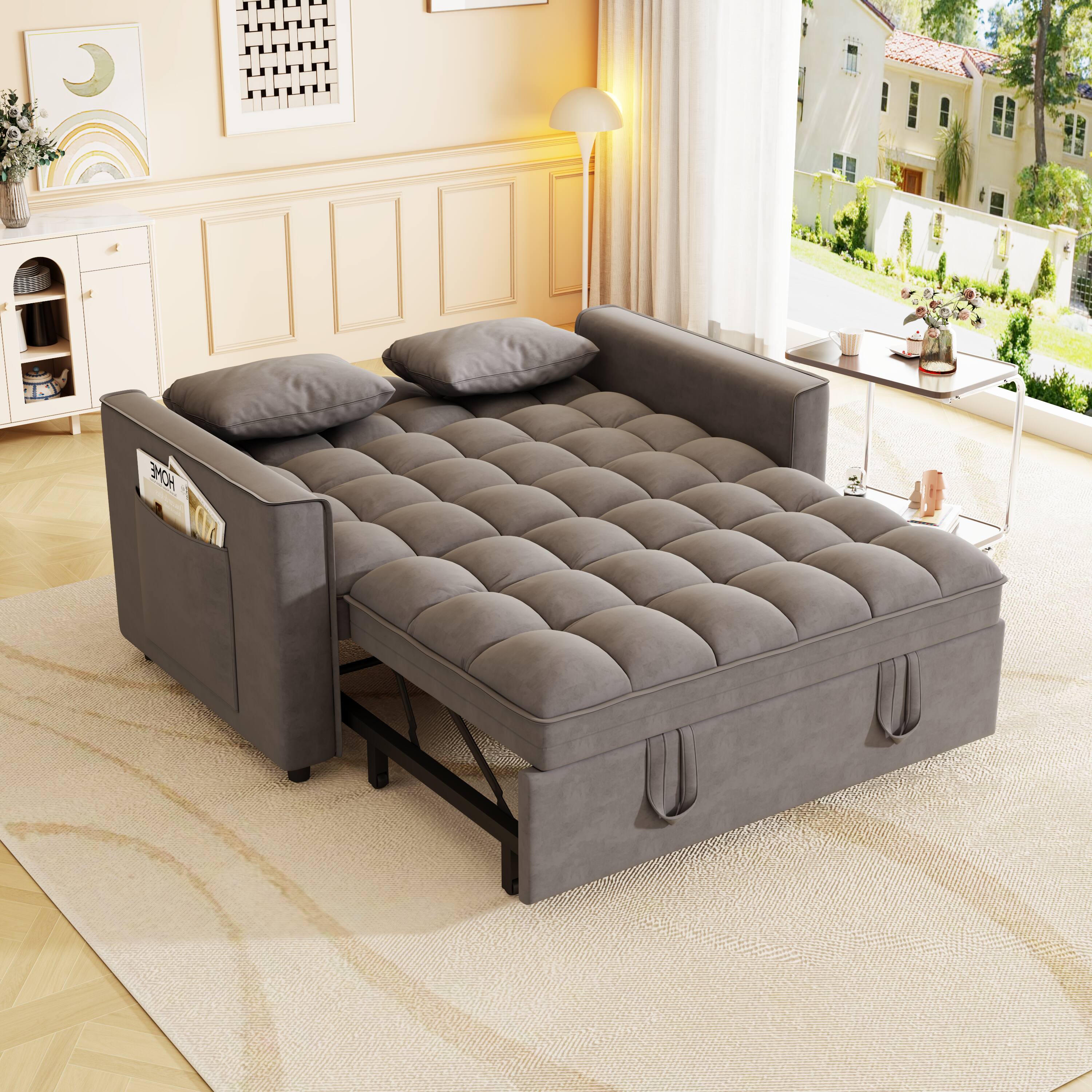 Left. Anysun - Modern Velvet Convertible Sleeper Sofa Bed with Pull-Out Bed, Pillows & Side Pockets for Small Spaces - Gray.