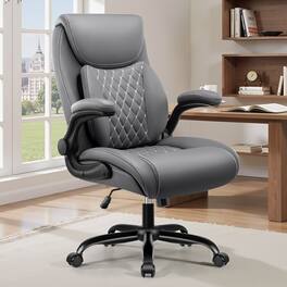 KERDOM - Ergonomic PU Leather Office Chair, Executive Chair with Lumbar Support for Lower Back Pain Relief, Padded Flip-up Arms - Gray