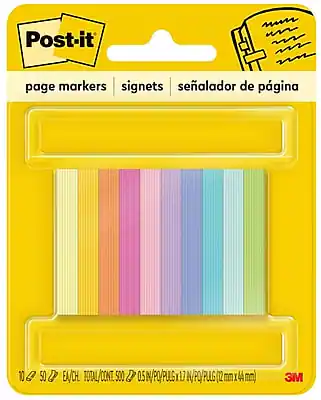 Post-it
page markers | signets | señalador de página
10 EA/CH
TOTAL/CONT. 500
0.5 IN/PO/PULG
12 mm x 44 mm
3M