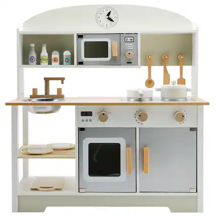 Front. Topteng - Wooden Play Kitchen Set for Kids with Microwave & Cookware, Realistic Pretend Play, Durable Toy Gift for Boys and Girls.