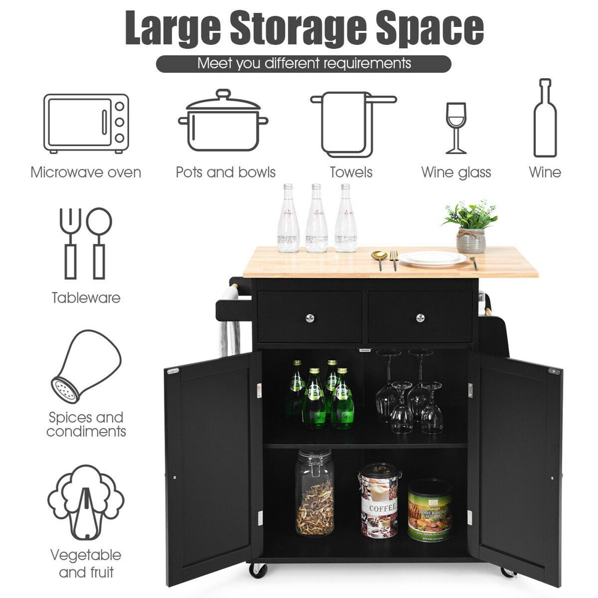 Large Storage Space  
Meet your different requirements  

- Microwave oven  
- Pots and bowls  
- Towels  
- Wine glass  
- Wine  
- Tableware  
- Spices and condiments  
- Vegetable and fruit