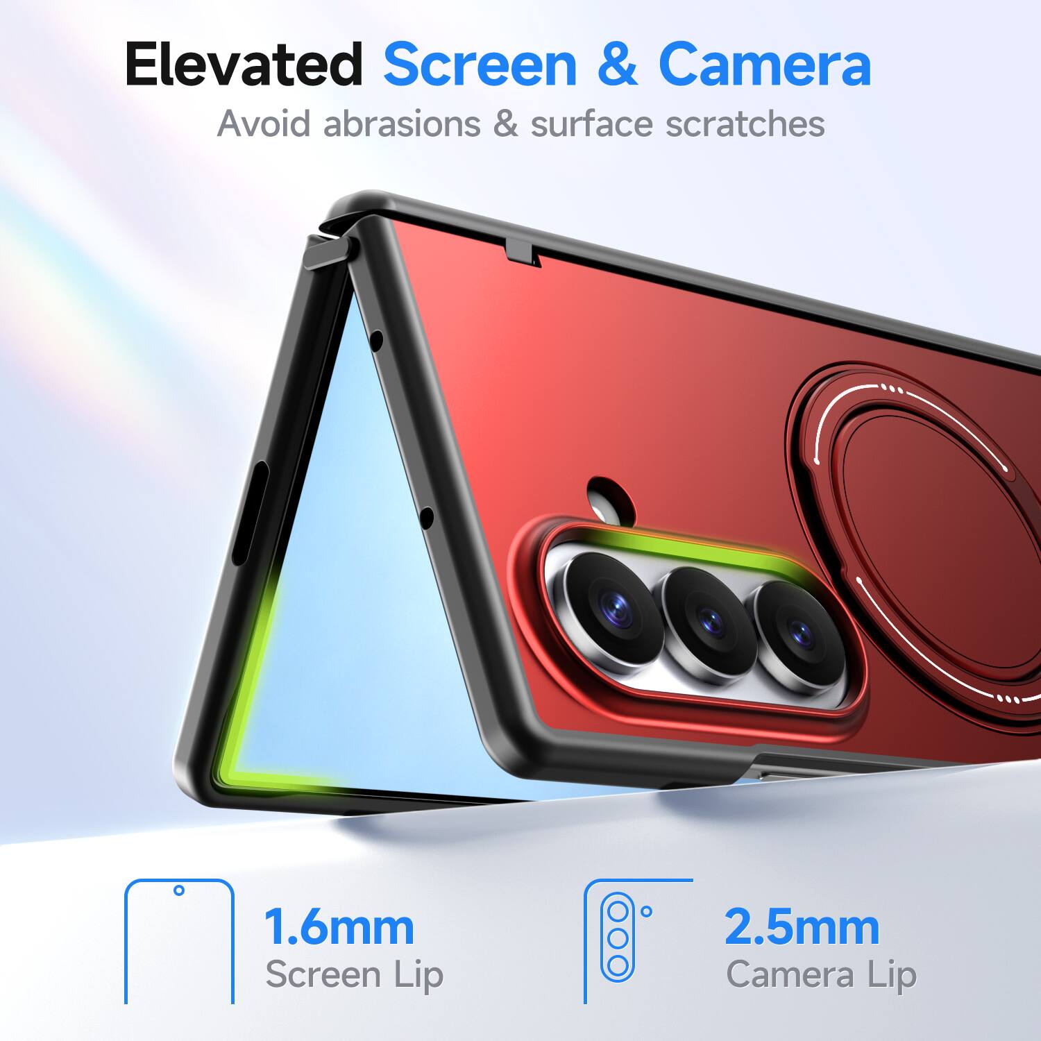 Elevated Screen & Camera  
Avoid abrasions & surface scratches  

1.6mm Screen Lip  
2.5mm Camera Lip
