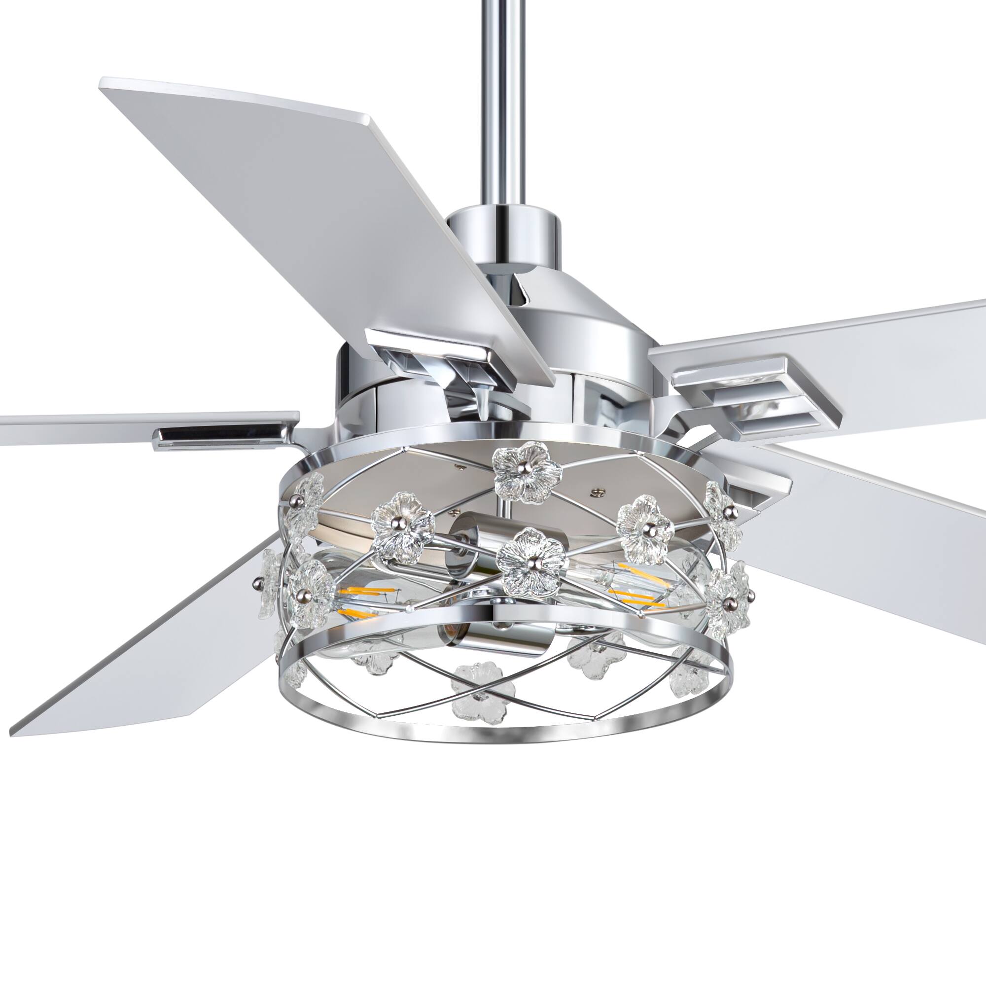 Alt View 8. Breezary - 52-Inch Indoor Ceiling Fan with Light Kit, 5 Plywood Dual-Finish Blades, DC Motor, 5/10'' Downrods, Remote, Glass Shade - Chrome with Silver & Woodgrain Blades.