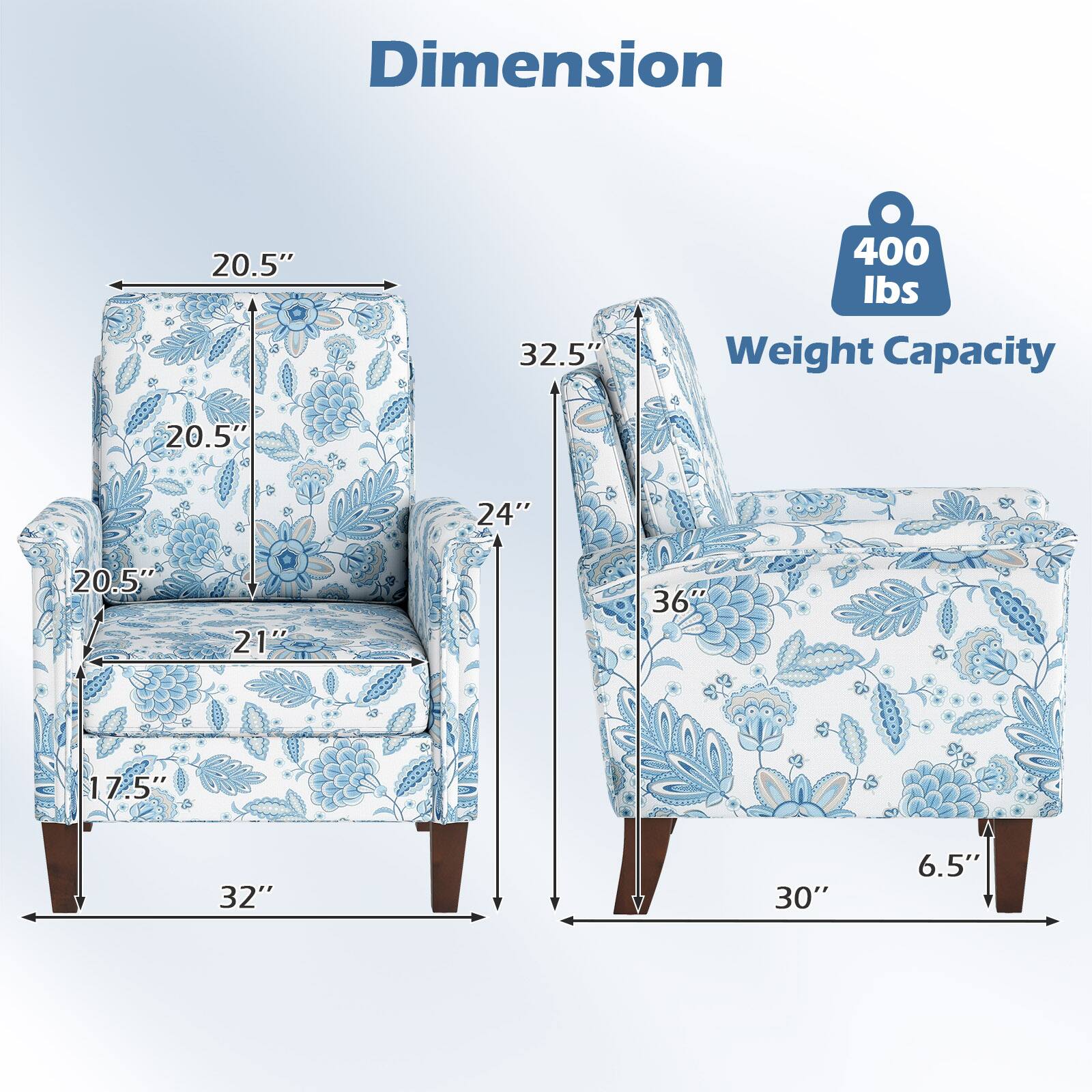 Dimension  
20.5"  
32.5"  
400 lbs Weight Capacity  
20.5"  
24"  
20.5"  
21"  
36"  
17.5"  
32"  
30"  
6.5"