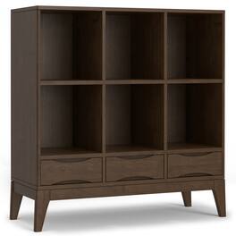 Simpli Home - Harper SOLID HARDWOOD 43 inch x 42 inch Mid Century Modern Low 6 Cube Storage with Drawers - Walnut Brown
