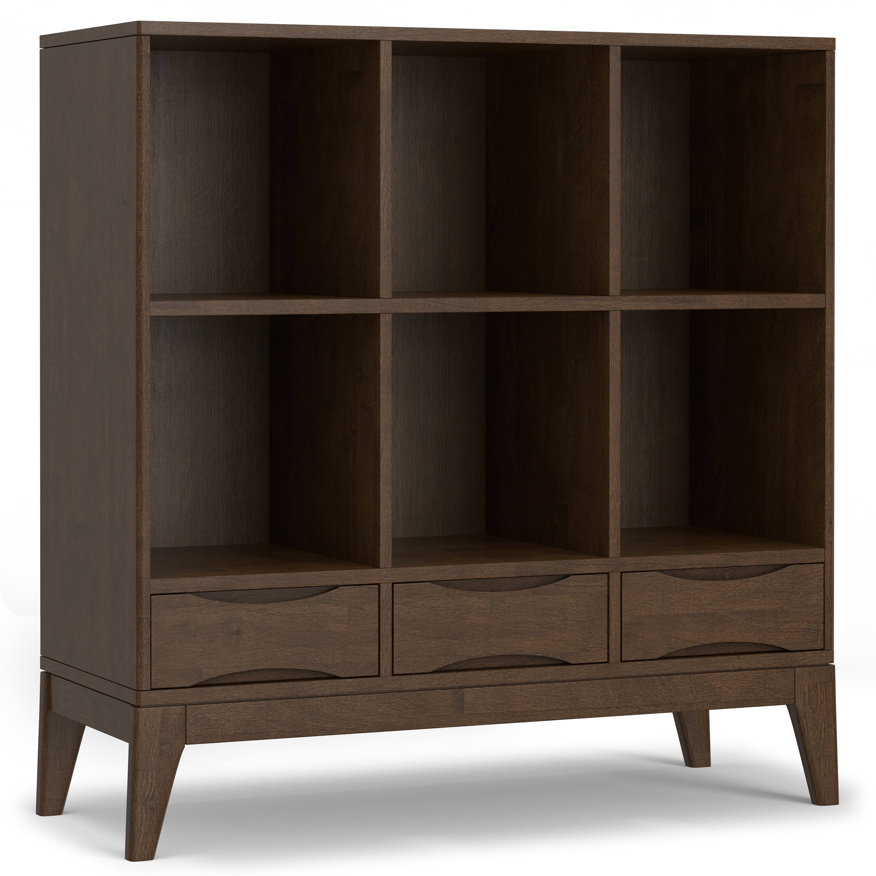 Front. Simpli Home - Harper SOLID HARDWOOD 43 inch x 42 inch Mid Century Modern Low 6 Cube Storage with Drawers in Walnut Brown - Walnut Brown.