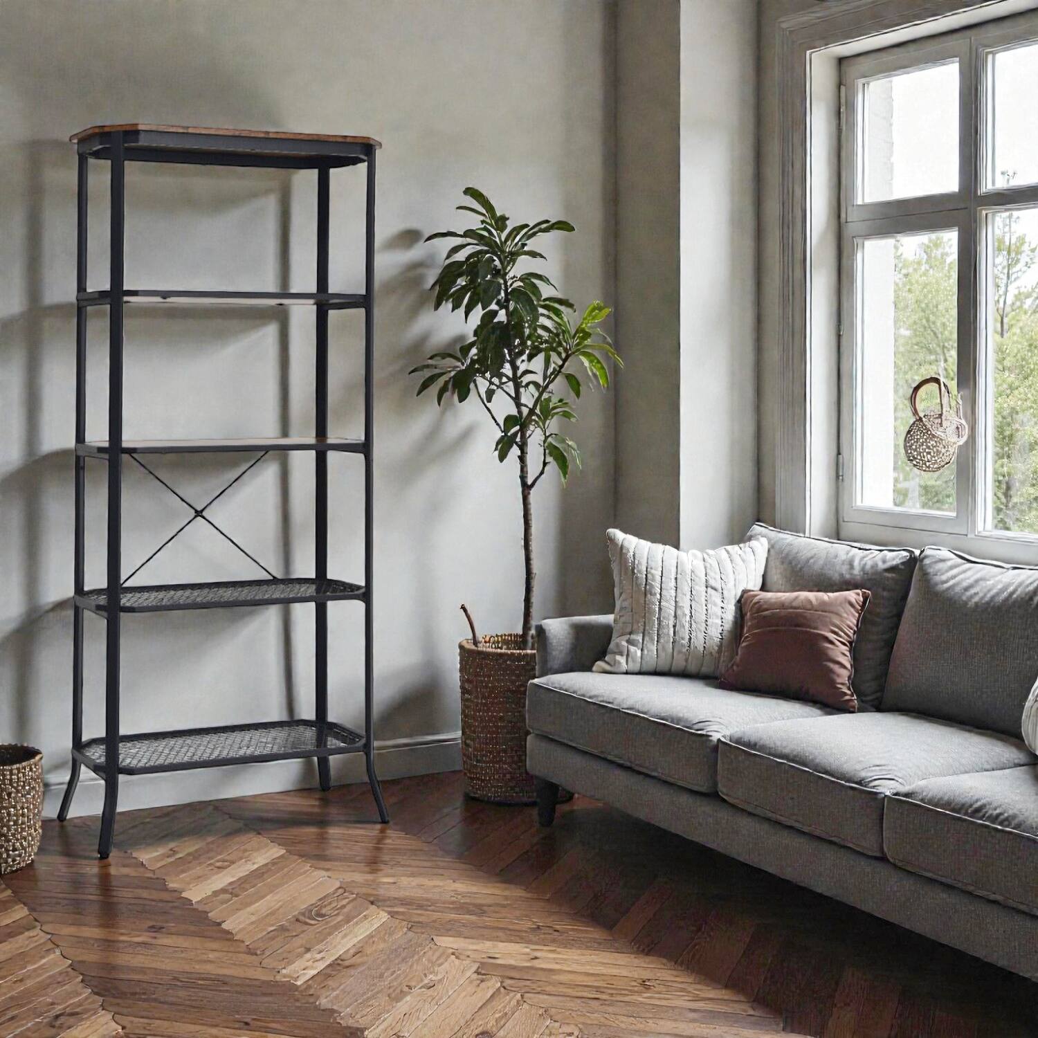 Front. Hivvago - Rustic Industrial 5-Shelf Display Rack with Sturdy Outward Metal Frame - Rustic Brown.