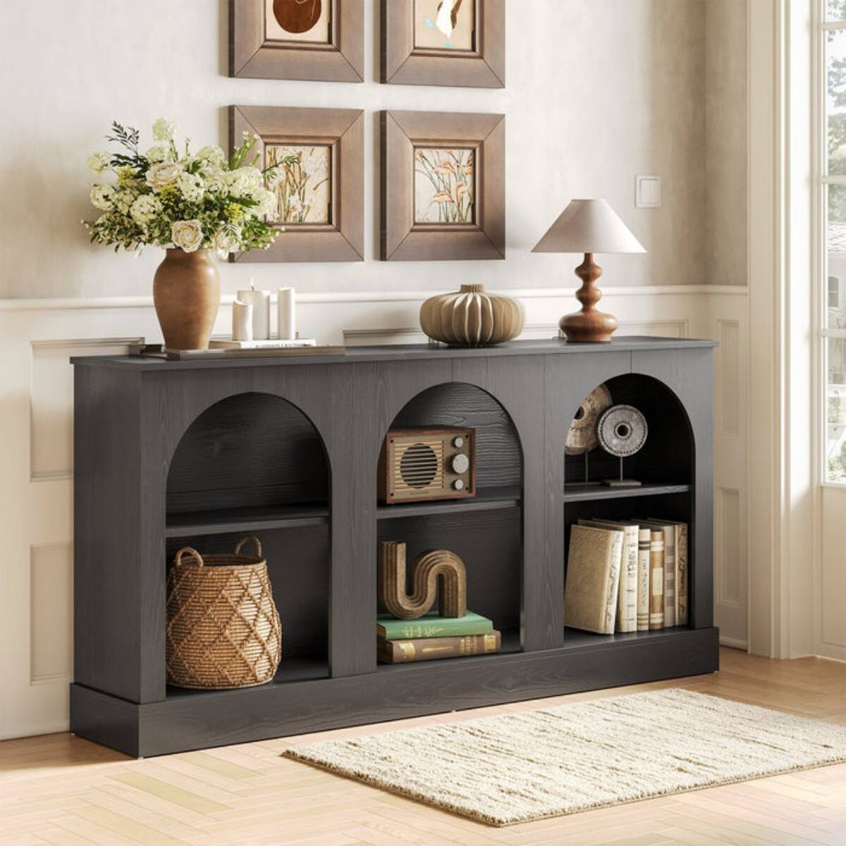 Alt View 1. Tribesigns - Farmhouse TV Stand with Engineered Wood Construction, Storage Shelves and Rectangular Top for Living Room - Black.