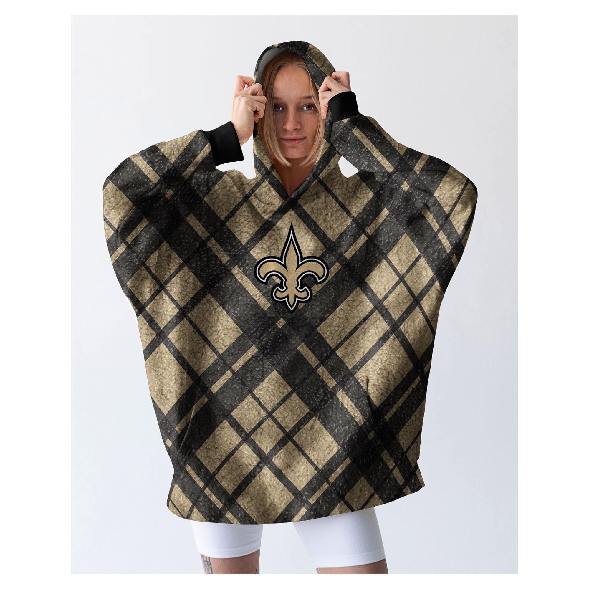 Front. Pegasus - New Orleans Saints 34" x 34" Digital Dash Sherpa Hooded Fan Cape - Multicolor.