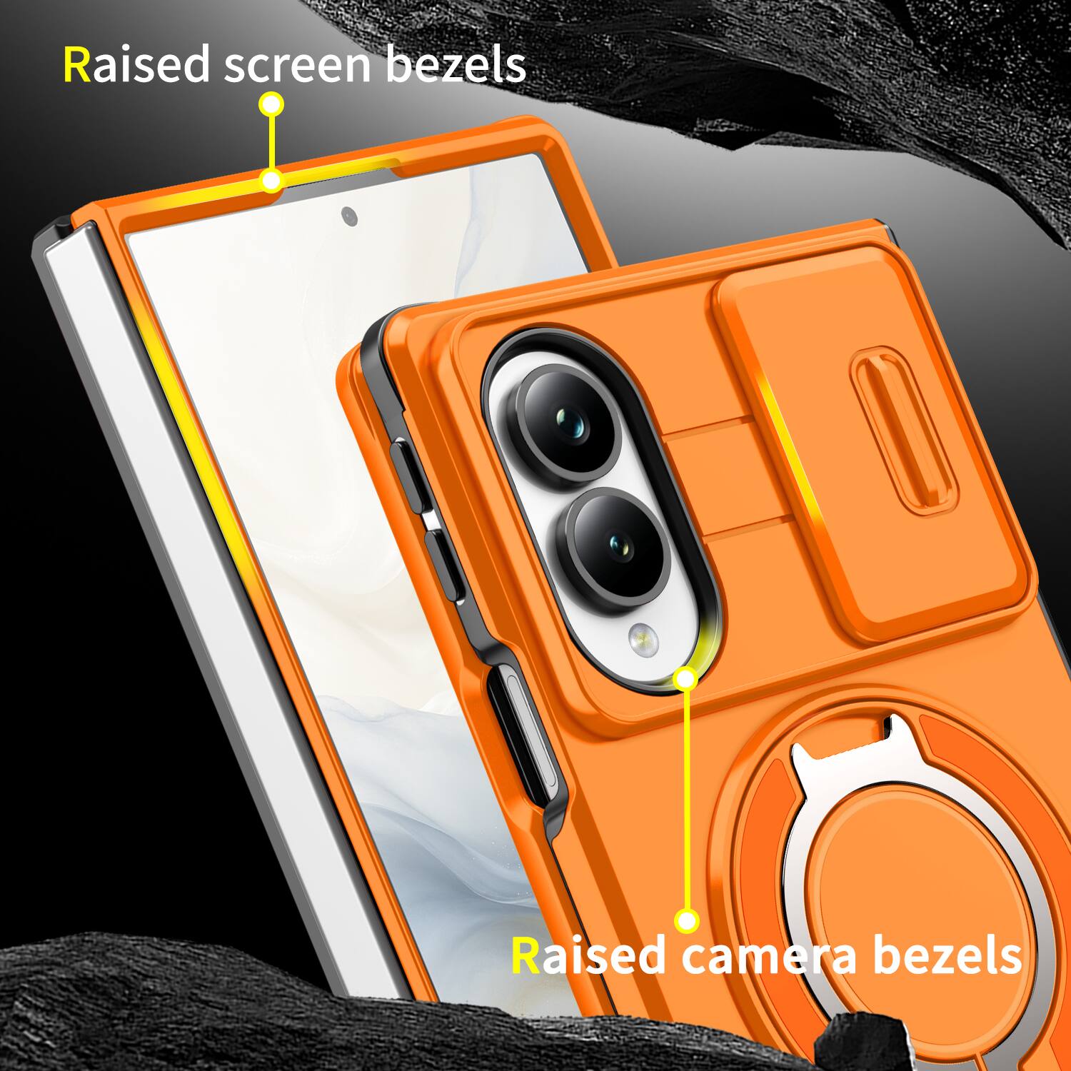 Raised screen bezels  
Raised camera bezels