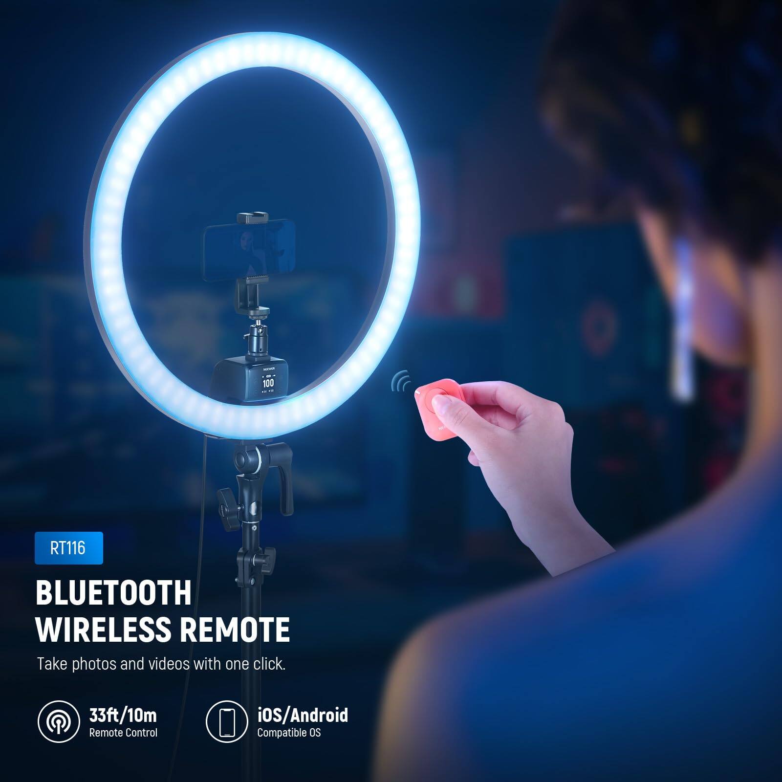 100 RT116 BLUETOOTH WIRELESS REMOTE  
Take photos and videos with one click.  
33ft/10m Remote Control iOS/Android Compatible OS