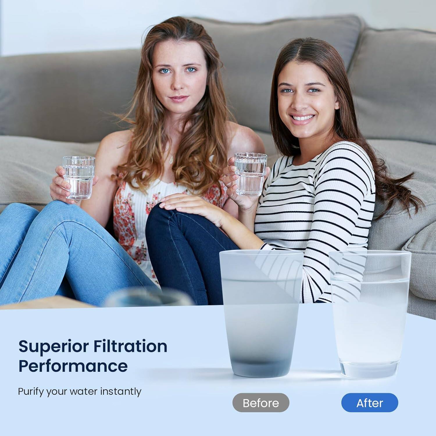 Superior Filtration Performance  
Purify your water instantly  

Before  
After