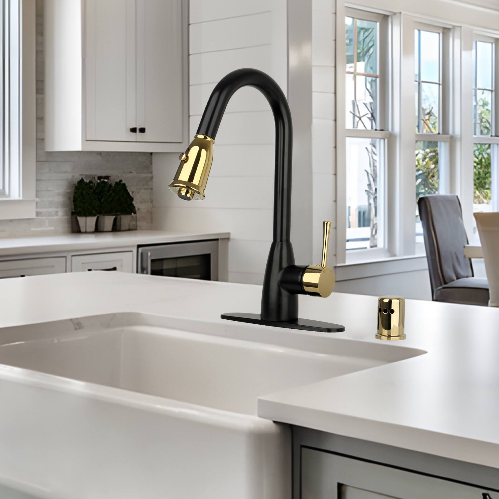Alt View 8. Akicon - Akicon One-Handle Solid Brass Kitchen Faucet with Pull Down Sprayer in Matte Black & Gold - Matte Black & Gold.