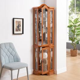 LUCKY ONE - Freestanding Corner Curio Cabinet with Tempered Glass Shelves LED Light Display for Collectibles - Oak