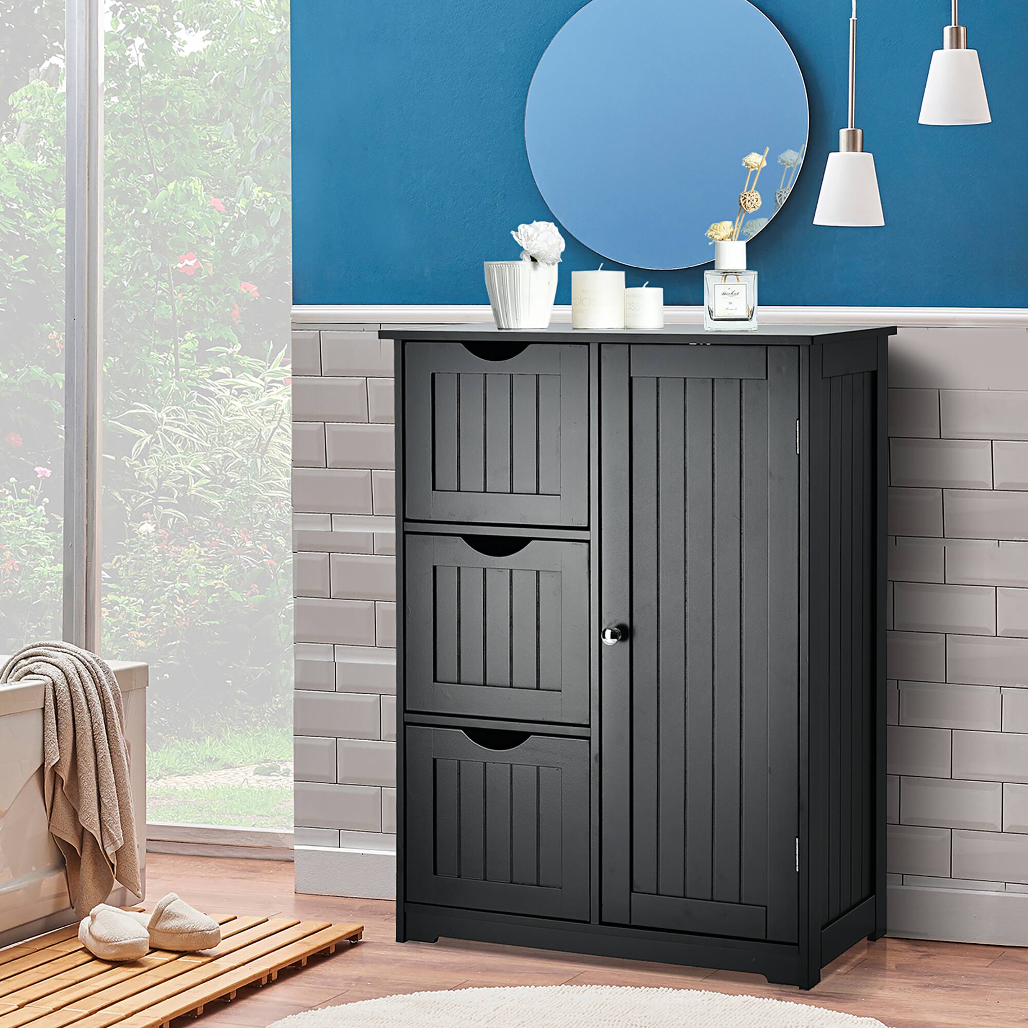 Alt View 8. Costway - Costway Bathroom Floor Cabinet Side Storage Cabinet with 3 Drawers and 1 Cupboard - Black.