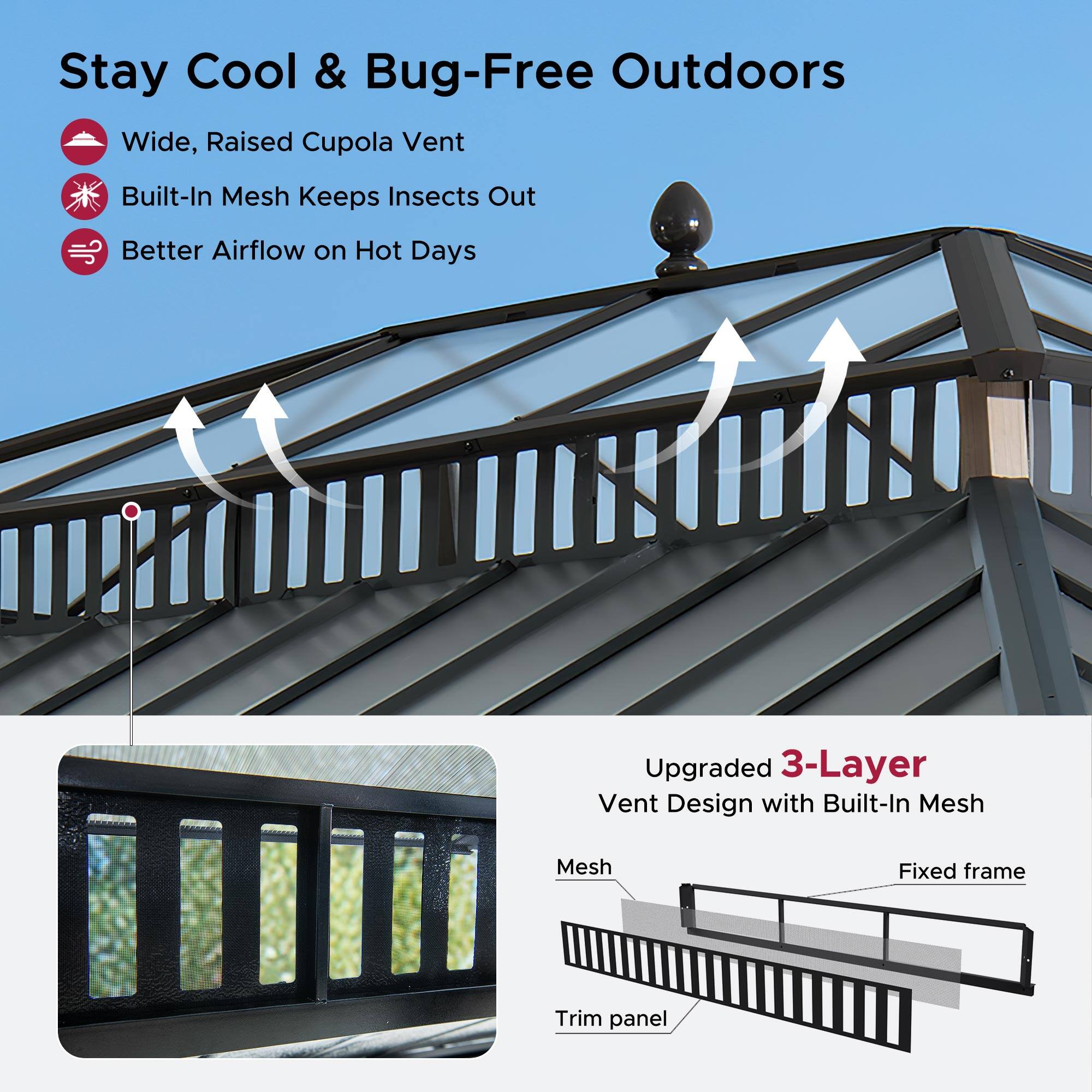 Stay Cool & Bug-Free Outdoors

- Wide, Raised Cupola Vent
- Built-In Mesh Keeps Insects Out
- Better Airflow on Hot Days

Upgraded 3-Layer Vent Design with Built-In Mesh

- Mesh
- Fixed frame
- Trim panel