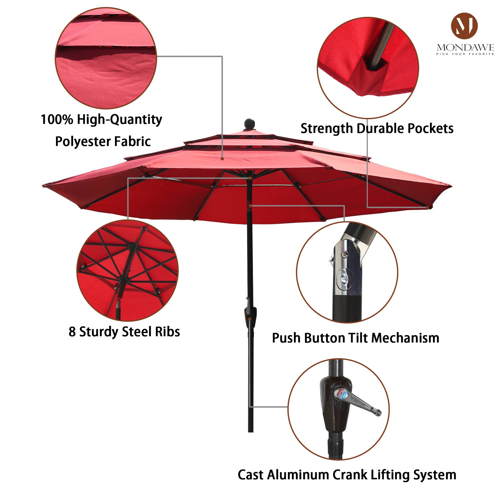 M MONDAWE ... .... AcARiTE  
100% High-Quantity Polyester Fabric  
Strength Durable Pockets  
8 Sturdy Steel Ribs  
Push Button Tilt Mechanism  
Cast Aluminum Crank Lifting System