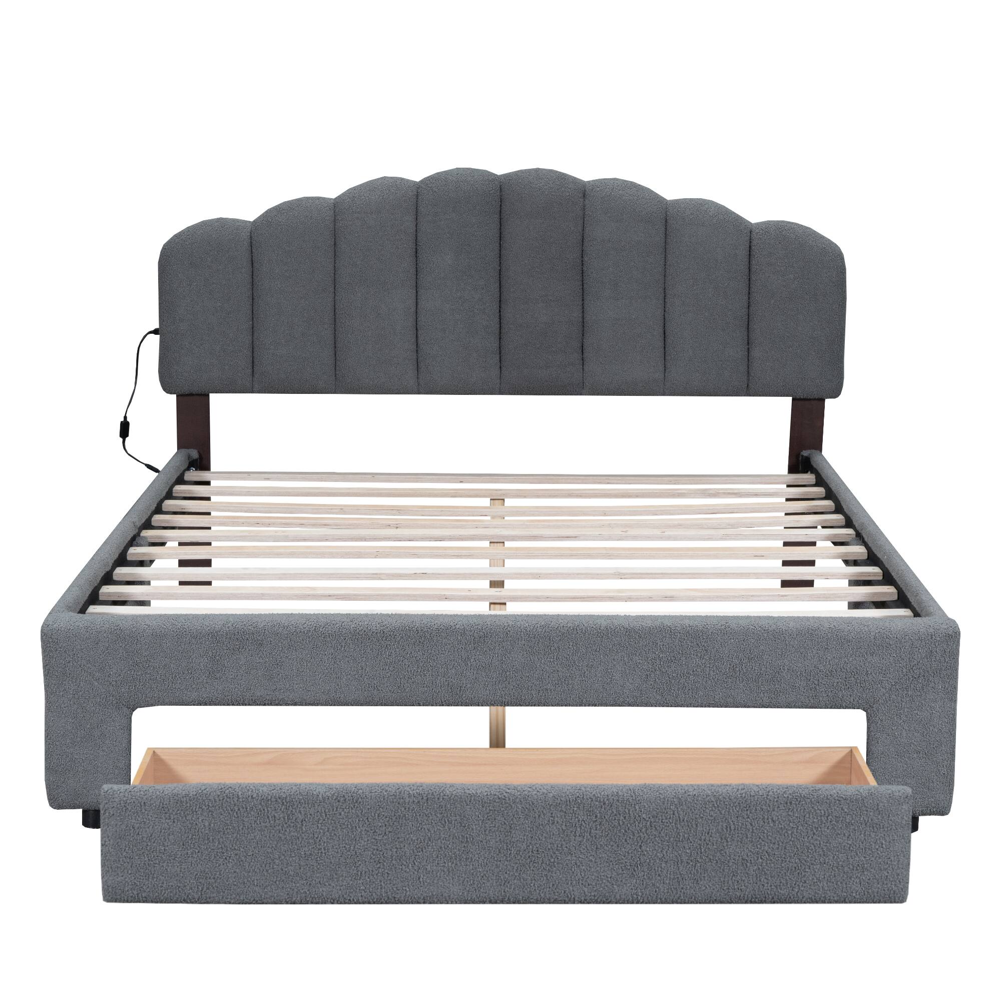 Left. Tiramisubest - Teddy Fleece Queen Size Upholstered Platform Bed with Drawer, Gray - Gray.