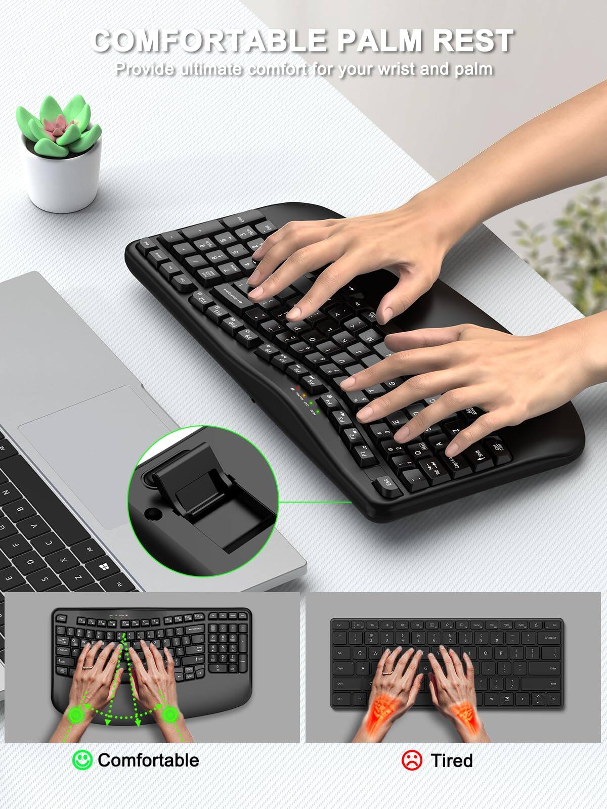 HESVAP Ergonomic Wireless Keyboard with Wrist Rest, Wave Keys, Full ...