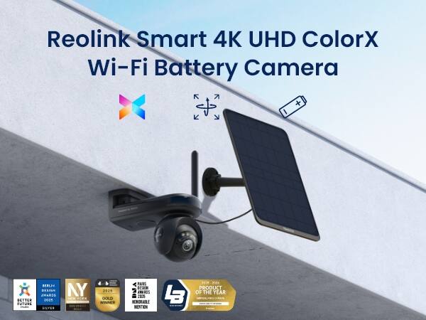 Reolink Smart 4K UHD ColorX Wi-Fi Battery Camera

BERLIN DESIGN AWARDS BETTER 2025 FUTURE SILVER
NY NEW YORK GOLD
2025 GOLD WINNER
PARES DESIGNE AMA 2025 HONORABLE MENTION
LB
2025 PRODUCT OF THE YEAR CARDER