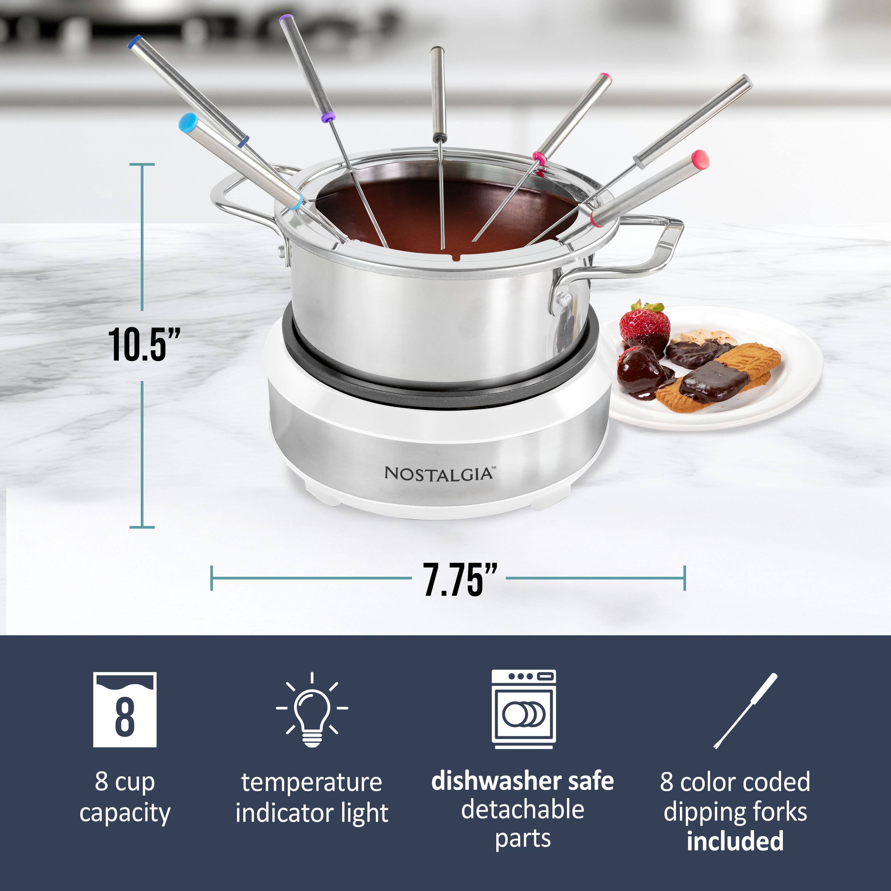 10.5" NOSTALGIA 7.75" 8 cup capacity temperature indicator light dishwasher safe detachable parts 8 color coded dipping forks included