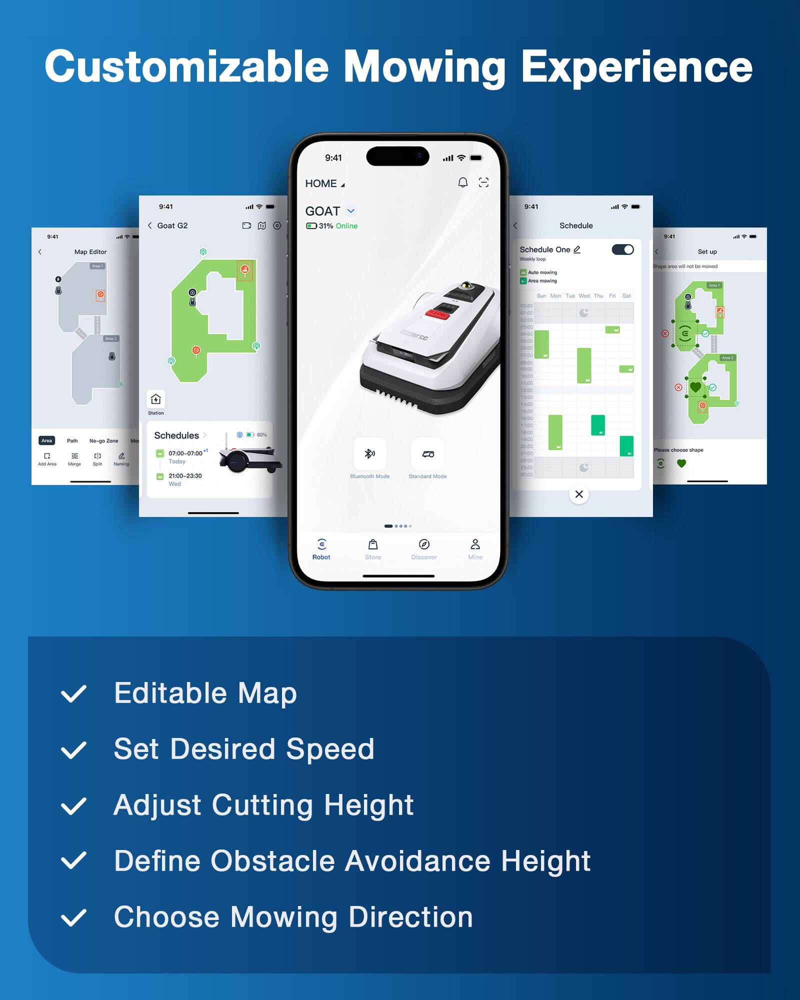 Customizable Mowing Experience

- Editable Map
- Set Desired Speed
- Adjust Cutting Height
- Define Obstacle Avoidance Height
- Choose Mowing Direction