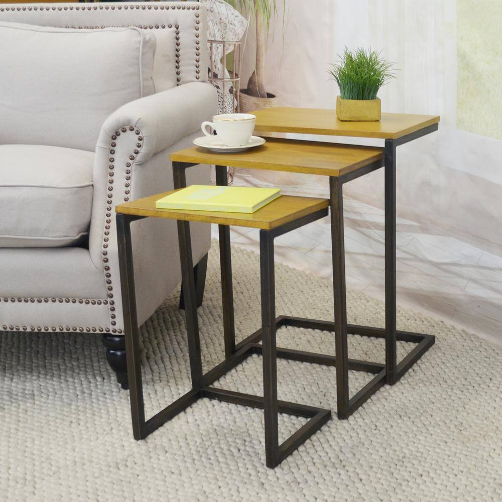 Alt View 2. Carolina Chair & Table - Addison Nesting Table Set - Harvest Oak Top - Aged Iron Base - Harvest Oak, Aged Iron.