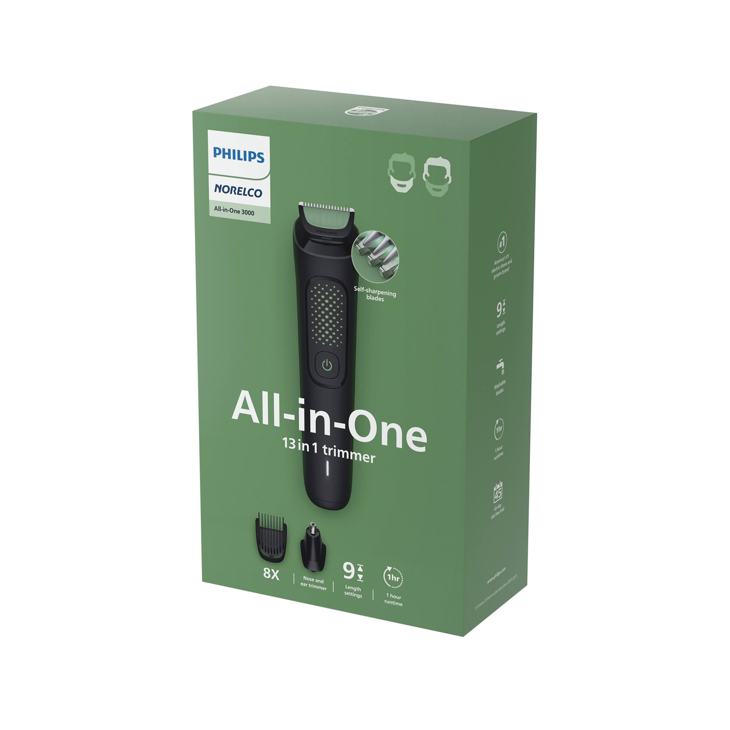 PHILIPS NORELCO All-in-One 3000  
All-in-One 13in1 trimmer  
8X nose and ear trimmer  
9 length settings  
Self-sharpening blades