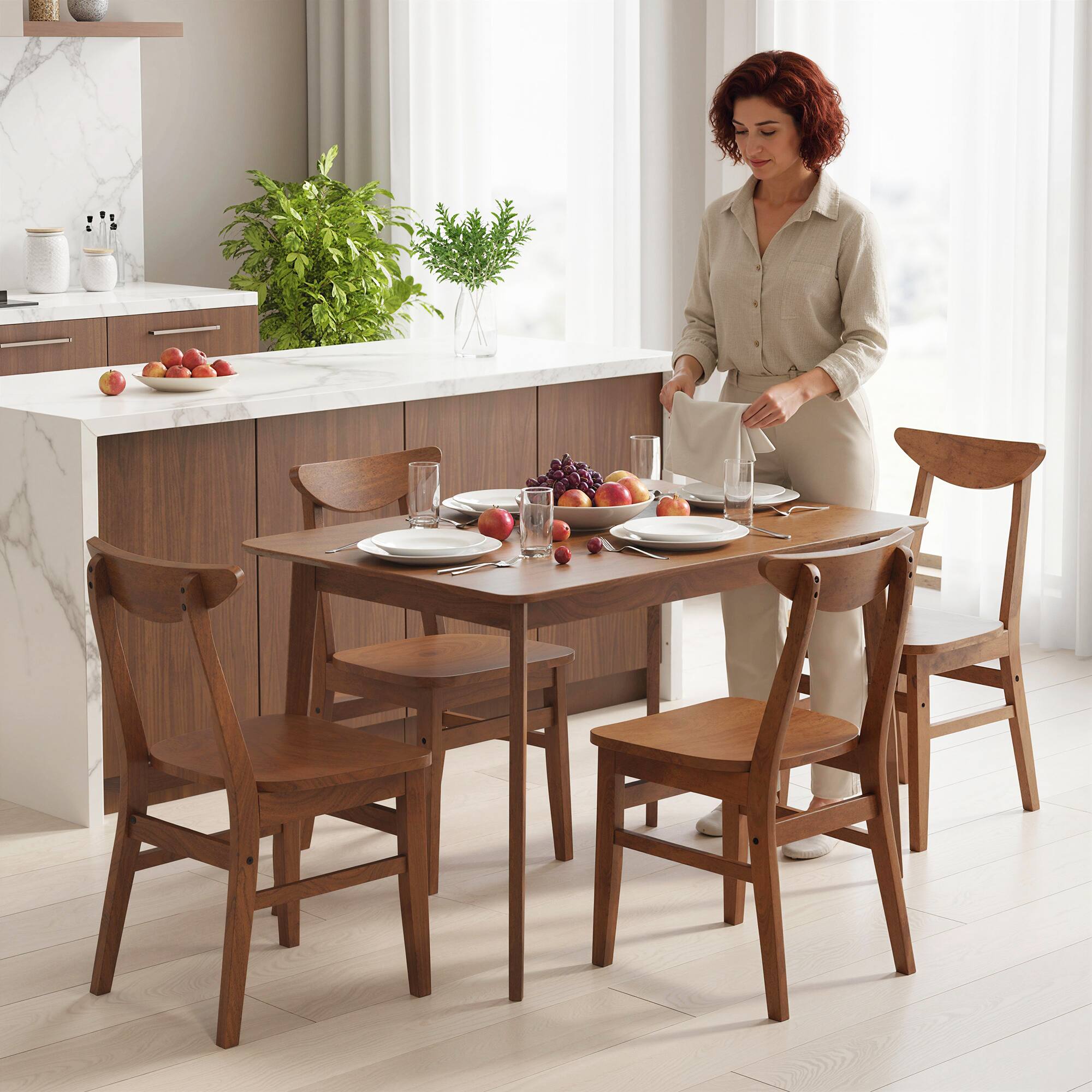 Alt View 8. Homcom - Solid Wood Dining Room Set for 4, Farmhouse Dinette Table Set with 4 Chairs for Small Space - Walnut brown.