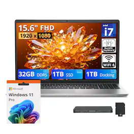 Dell - Upgraded - 15 15.6" FHD Business Laptop,Intel Core i7-1355U,32GB DDR5(Up to 2X Bandwidth),1TB SSD+1TB Dock Set,Backlit,Win 11 Pro - Silver