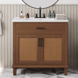 Loheer - 3 ft Rattan Bathroom Vanity with Ceramic Sink, Soft-Close Storage Cabinet for Modern Bathrooms - Brown