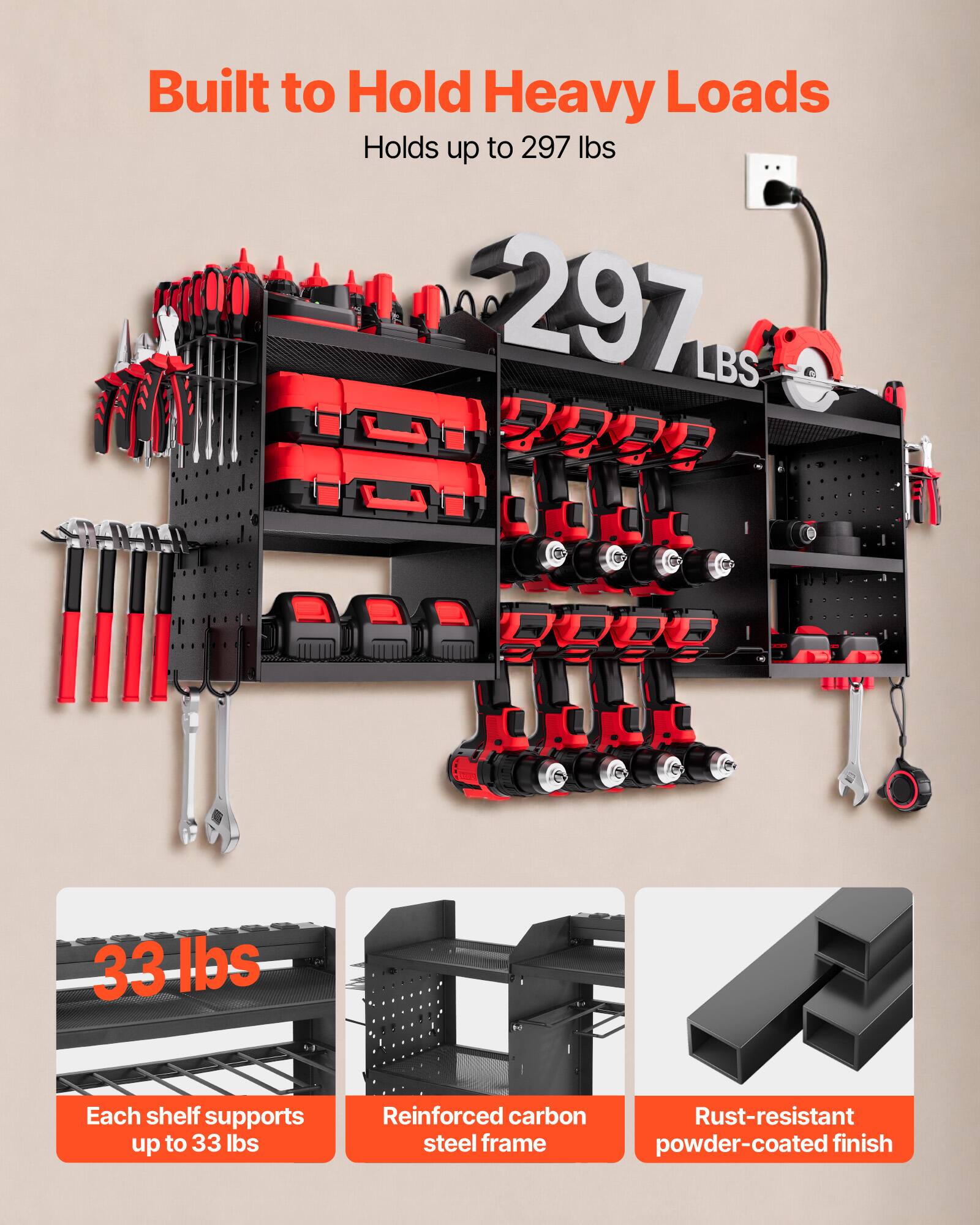 Built to Hold Heavy Loads  
Holds up to 297 lbs  

Each shelf supports up to 33 lbs  

Reinforced carbon steel frame  

Rust-resistant powder-coated finish