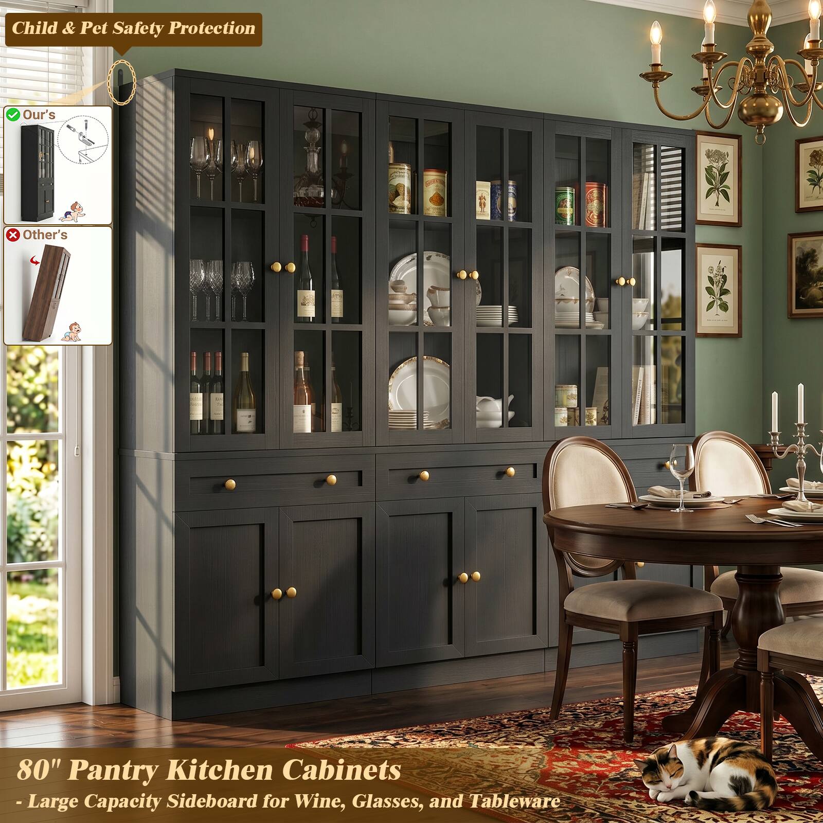 Child & Pet Safety Protection

Our's
X Other's

80" Pantry Kitchen Cabinets - Large Capacity Sideboard for Wine, Glasses, and Tableware