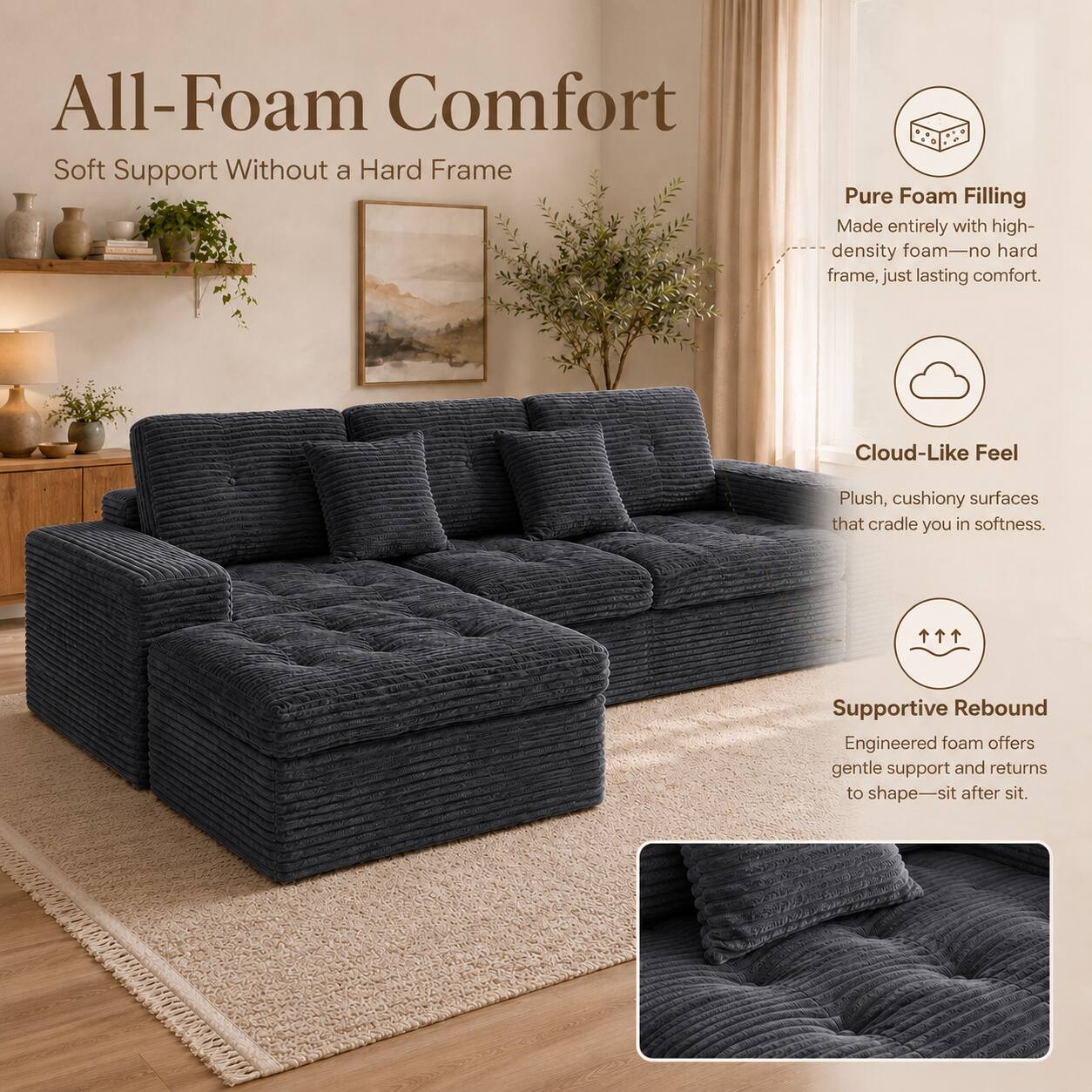 All-Foam Comfort  
Soft Support Without a Hard Frame  

Pure Foam Filling  
Made entirely with high-density foam—no hard frame, just lasting comfort.  

Cloud-Like Feel  
Plush, cushiony surfaces that cradle you in softness.  

Supportive Rebound  
Engineered foam offers gentle support and returns to shape—sit after sit.