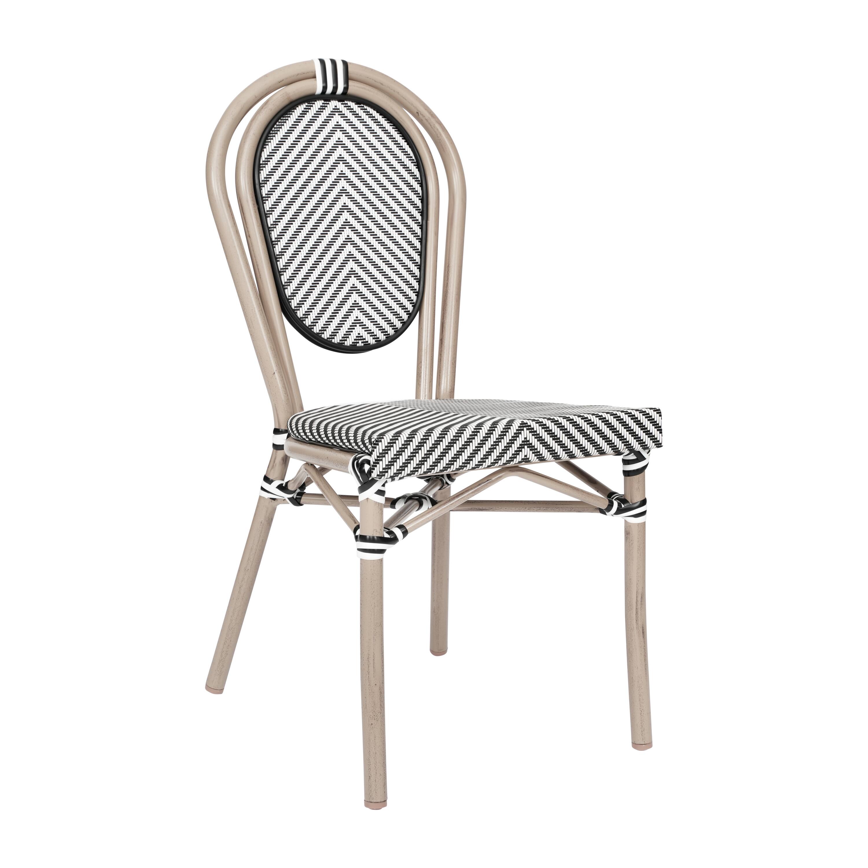 Emma + Oliver - Massalia Indoor/Outdoor Stacking Thonet Bistro Style Chair with Textilene Seat and Bamboo Finished Metal Frame - Black & White/Light Natural Frame