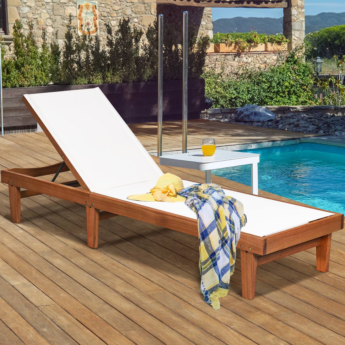 Alt View 1. Costway - Costway  Patio Lounge Chair with 5-Postion Adjustable Backrest and Quick-Drying Fabric - Teak,White.
