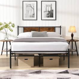 LUCKY ONE - King Size Metal Bed Frame with Wood Panel Headboard, Steel Structure - Black+Brown