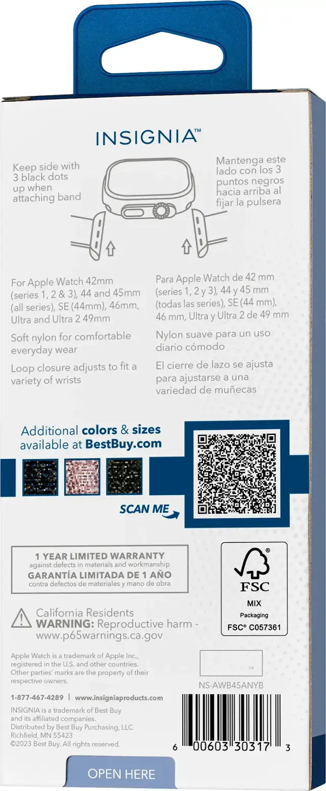 Insignia Apple Watch band 42mm, 44mm, 45mm, 46mm, 49mm, and 50mm. The band is made of nylon and features a loop closure that adjusts to fit various wrist sizes. The band is available in different colors and sizes at BestBuy.com. The packaging includes a limited warranty against defects in materials and workmanship. The band is compatible with Apple Watch series 1, 2, 3, and SE, as well as the Ultra and Ultra 2 models. The packaging also includes a scan code for additional information.
