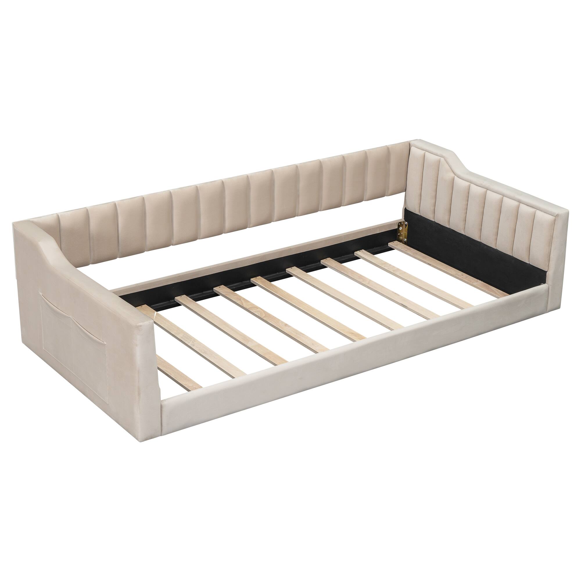 Left. Whisen - Twin XL Upholstered Daybed with Side Storage Pocket, Velvet Bed Frame for Bedroom & Guest Room - Beige.