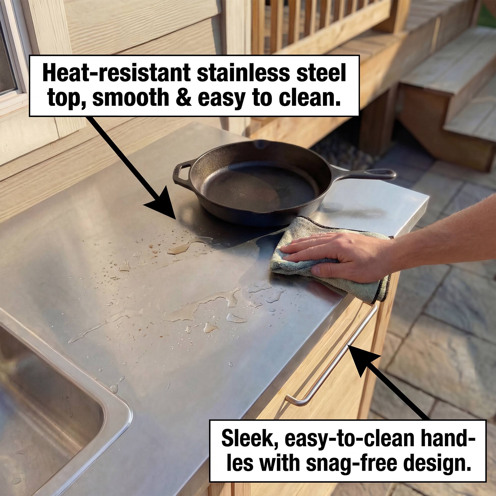 Heat-resistant stainless steel top, smooth & easy to clean. Sleek, easy-to-clean handles with snag-free design.