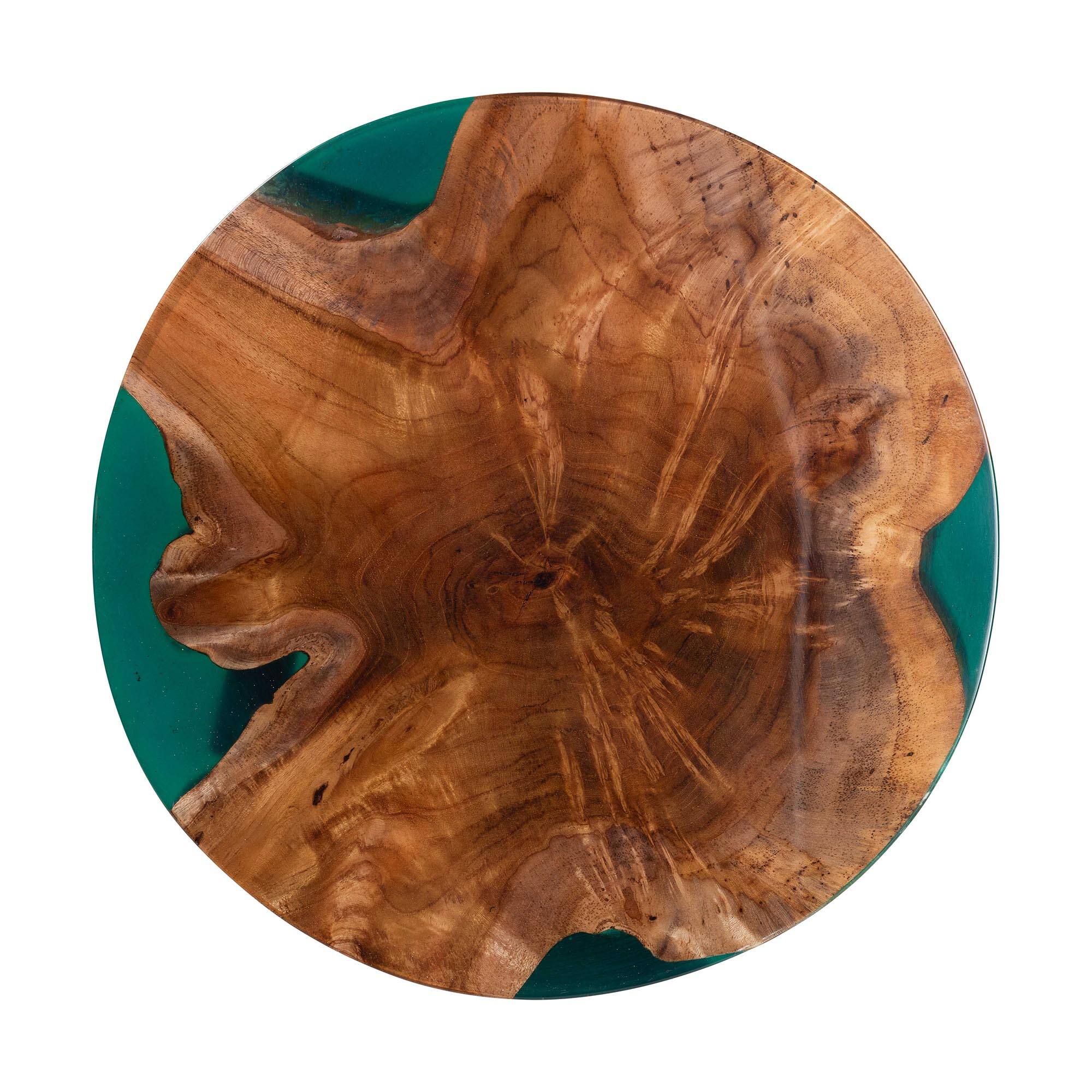 Alt View 1. bali & pari - Anan Teak Wood Epoxy Resin End Table - Round Live Edge Side Table with Black Metal Legs, Handcrafted, Round - Natural Brown/Green.